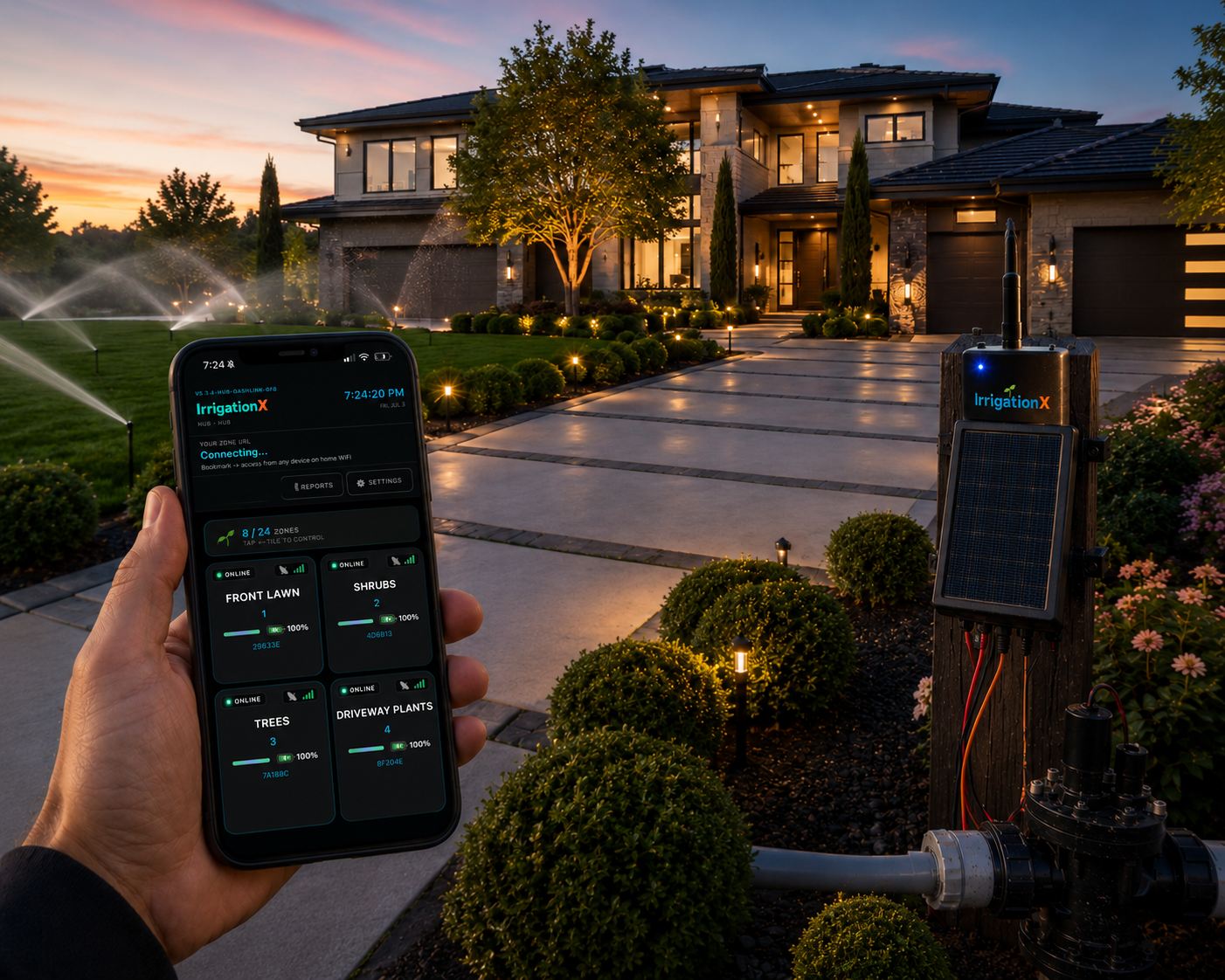 IrrigationX app controlling a residential smart-home landscape at dusk