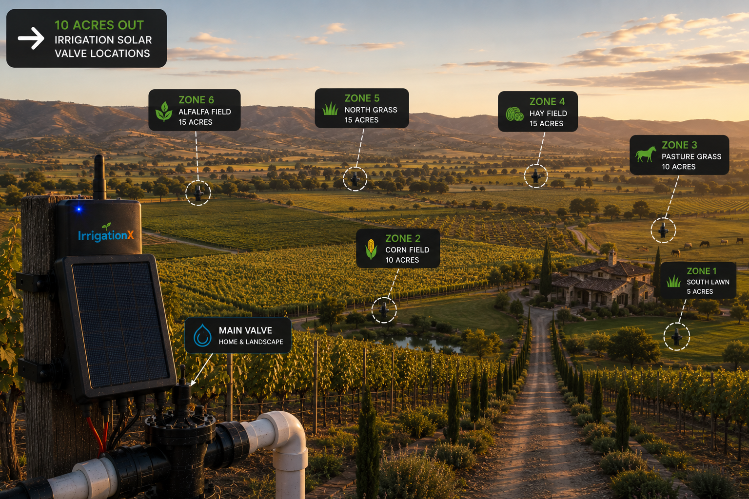 IrrigationX solar zone valves mapped across a large multi-zone farm