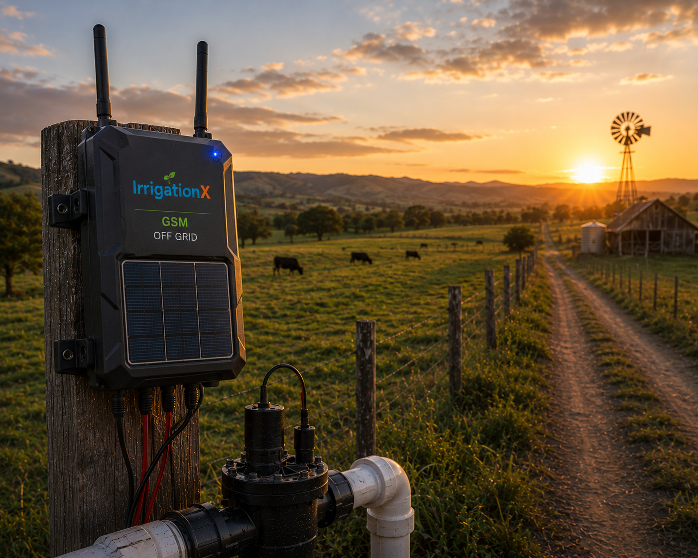 IrrigationX GSM off-grid cellular hub in a remote pasture at sunset